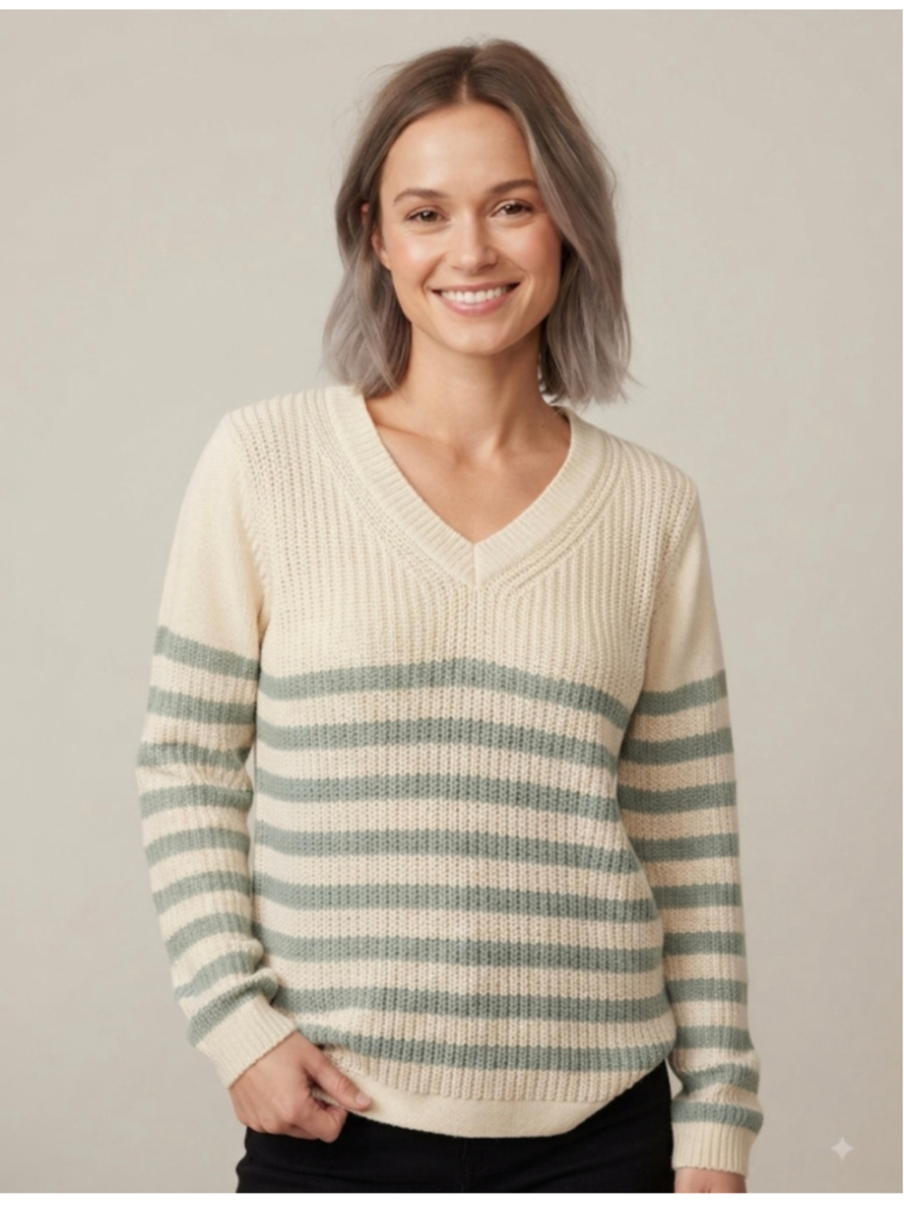 RD style V-Neck Striped Sweater, Size S, Beige and Green
